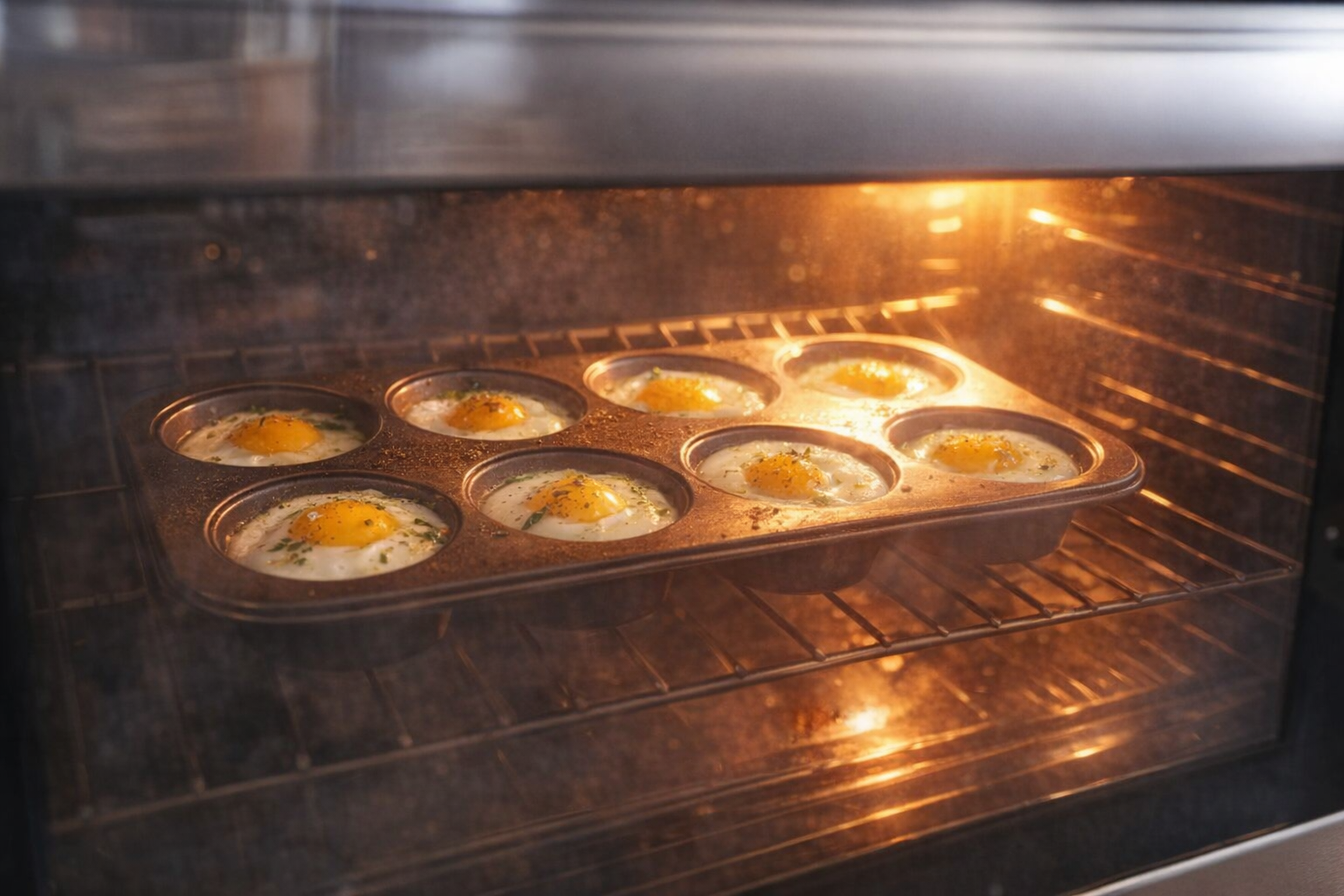 A medium shot of eggs baking in a muffin tin inside an oven, visible through the glass door, with warm oven lighting